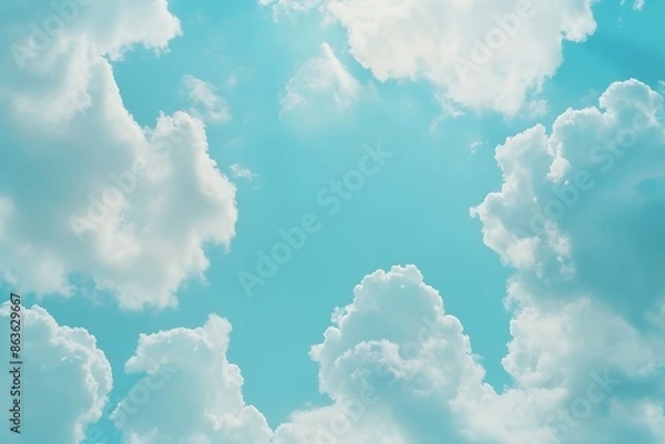 Obraz Beautiful blue sky with white clouds background. Soft and dreamy cloudy background for design. Soft focus on the bottom of the photo, copy space concept. ,copy empty text area