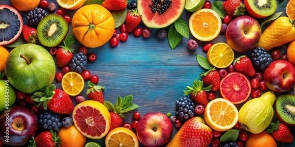 Fototapeta Colorful background with an assortment of vibrant fruits, , colorful, background, fruits, assortment, vibrant, tropical, healthy