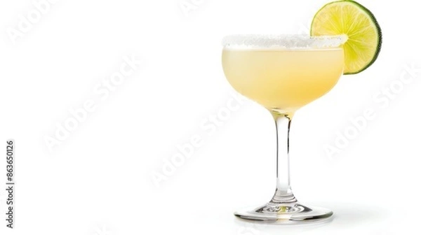 Fototapeta A classic margarita in a saltrimmed glass, garnished with a lime wedge, set against a bright white background with ample copy space, highlighting its refreshing appeal