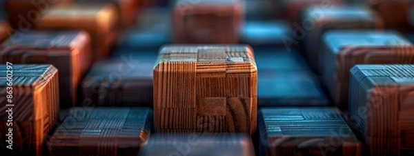 Fototapeta  A collection of wooden blocks aligns beside one another atop a stack of blue and brown wood planks