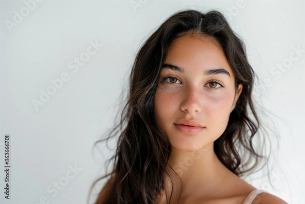 Fototapeta A photograph of a mixed-race woman with European and Latin American heritage, serene pose, straight-on angle, half-body shot. White background. 
