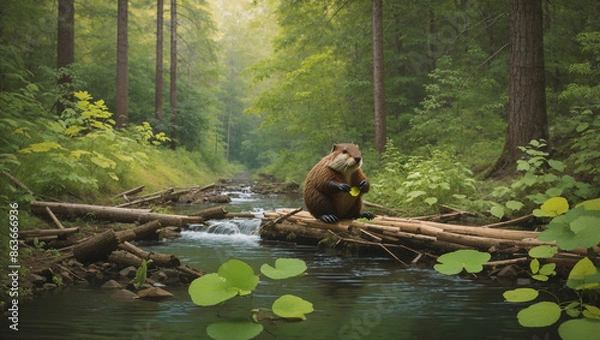 Obraz A beaver is sitting on a fallen log in a forest