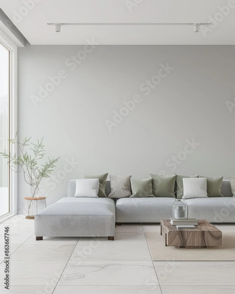 Fototapeta Luxury living room interiors in neutral tones with minimal ornaments and natural window lighting. Interiors composition for property advertising.