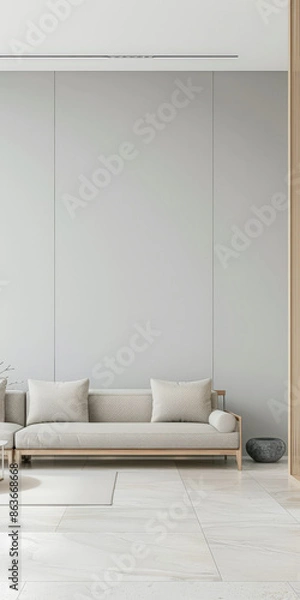 Fototapeta Luxury living room interiors in neutral tones with minimal ornaments and natural window lighting. Interiors composition for property advertising.