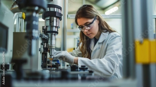Obraz An empowered technical worker woman calibrating instruments in a laboratory setting