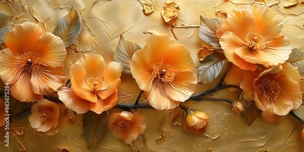 Fototapeta Orange flowers on golden background, top view. Floral design element