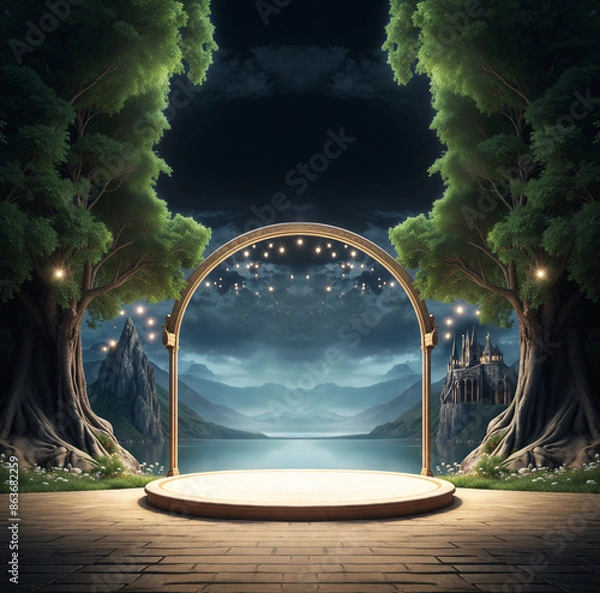 Fototapeta Center focused podium image on Spring night with magical fantasy atmosphere with trees, arch structure, mountains, trees, castle and empty podium for product presentation.