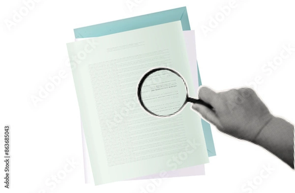 Fototapeta Document magnifier. Search, check, research. Female hand holding a loupe, viewing a report, checklist, checking a task. Study of the law, data audit, review. View through a magnifying glass. Vector.
