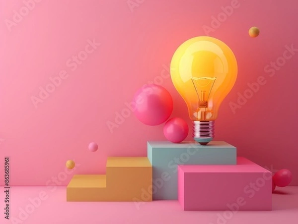 Obraz Creative abstract composition with colorful geometric shapes and a glowing light bulb on a pink background. Modern minimalistic design.