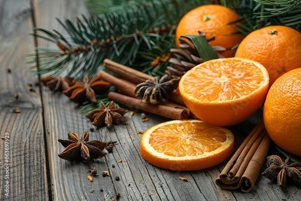 Obraz Christmas mulled wine set made from orange, cloves, anise, cinnamon, various spices and berries. Christmas card with fir branches on a wooden background with space for text.