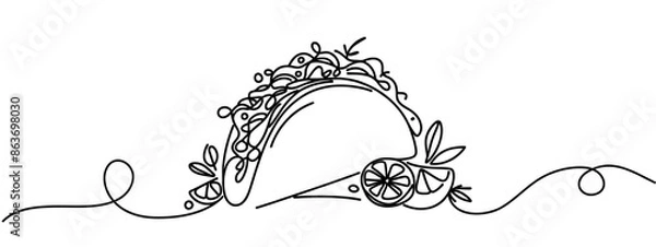 Obraz One continuous single line of taco hand drawn isolated on white background. Mexican food tacos vector illustration.