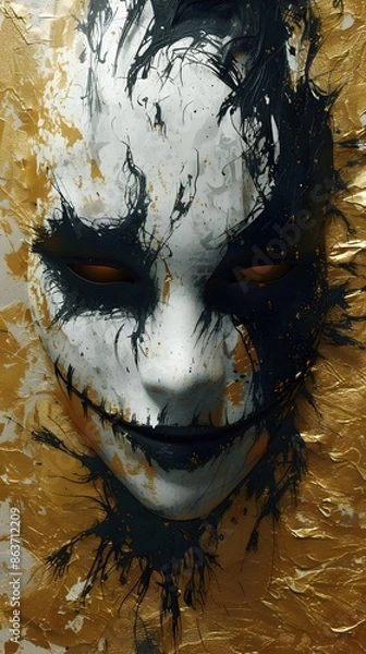 Fototapeta Haunting and Unsettling Graphic of a Distorted Mask with Exaggerated Details and Contrasting Black and White Tones