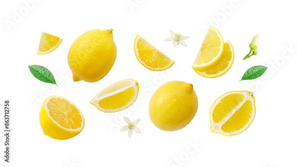 Obraz Lemon has water drop with lemon slices and flower collection isolated on white background. Clipping path.