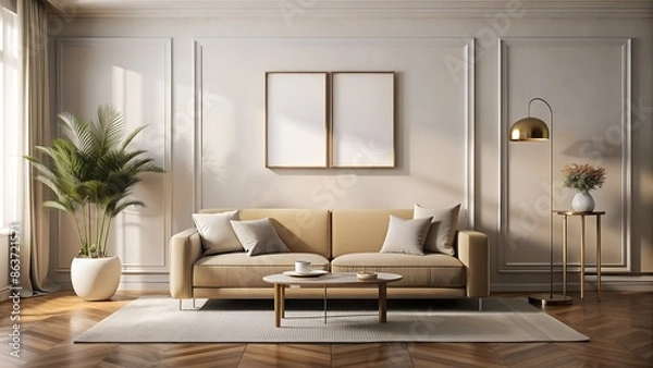 Fototapeta Minimalist Beige Sofa and Poster Frame in Art Deco Living Room. Perfect for: interior design, modern living room