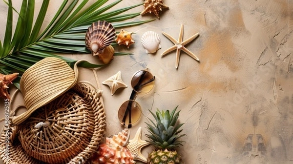 Fototapeta Summer scene: straw hat, sunglasses, pineapple, wicker bag, palm leaf, seashells and starfish on a beige background.