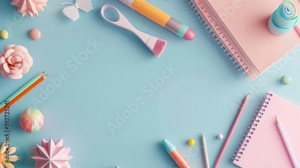 Obraz Chalkboard flat design top view back to school theme 3D render Triadic Color Scheme