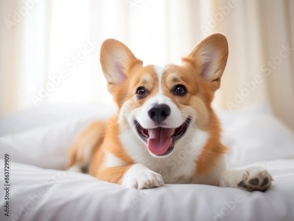 Fototapeta cheerful corgi lies on a bed, looking directly at the camera with a joyful expression