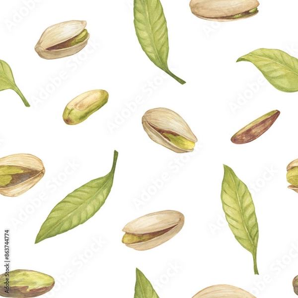 Fototapeta Seamless pattern with pistachio nut watercolor illustration,leaves,, floating in the air composition. Botanical drawing sketch stylized. Hand drawn, suitable for food packaging design