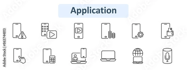 Fototapeta Application set icon. Mobile warning, keypad, play button, coins, settings, wallet, touch, calculator, video call, laptop, globe, microphone. Digital interface and utility concept.