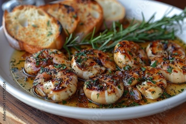 Fototapeta A plate of escargot, served in a garlic butter sauce with fresh herbs and a side of toasted baguette slices. 