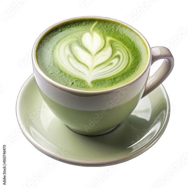 Obraz Hot matcha latte, green tea latte isolated on transparent background