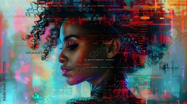 Fototapeta Elegant African American Female Computer Programmer Coding on Futuristic Holographic Display in Vibrant Digital Art Poster