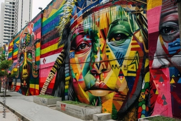 Fototapeta A Colorful Mural of Faces in the Urban Landscape of Sao Paulo