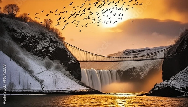 Fototapeta Landscape of a beautiful bridge on a river with water fall and birds flying and sun setting 