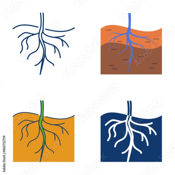 Fototapeta Root of a plant icon set in flat and line style. Keep living roots. Underground root system. Vector illustration.