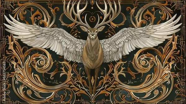 Fototapeta Furfur A winged hart stag, surrounded by intricate and flowing designs, Art Nouveau