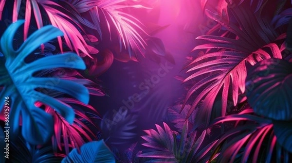 Fototapeta A creative frame illustration combining neon elements with tropical leaf silhouettes, creating a visually striking and modern design.