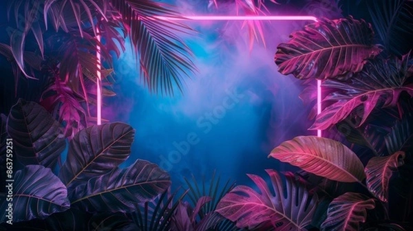 Fototapeta A neon frame surrounds a tropical paradise, with vibrant palm leaves adding a splash of color and energy to the scene.