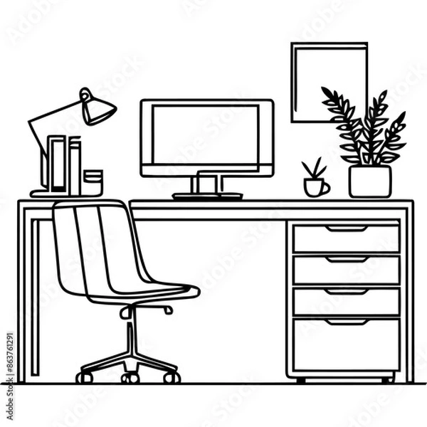 Obraz Single one line drawing Office workstation furniture interior concept. Continuous line draw design graphic vector illustration.