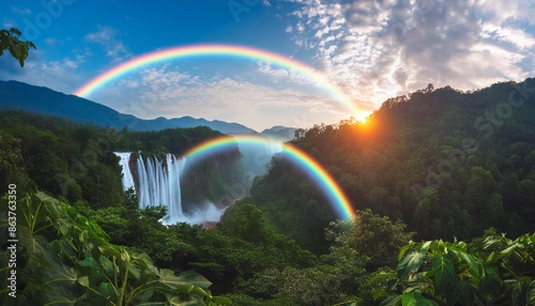 Fototapeta Landscape of beautiful waterfall over mountains and rainbow in forest