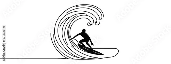 Obraz Continuous line drawing of surfer surfing on wave. One line of surfer surfing. Extreme watersport concept continuous line art. Editable outline