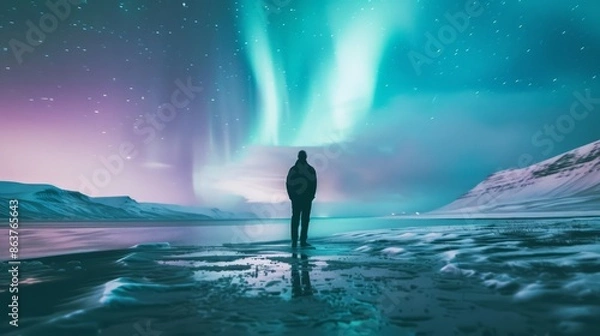 Fototapeta Silhouetted traveler gazing at the vibrant northern lights in a snowy landscape. Aurora Borealis and winter adventure concept.