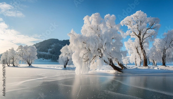 Fototapeta landscape of beautiful frozen lake and trees covered with snow