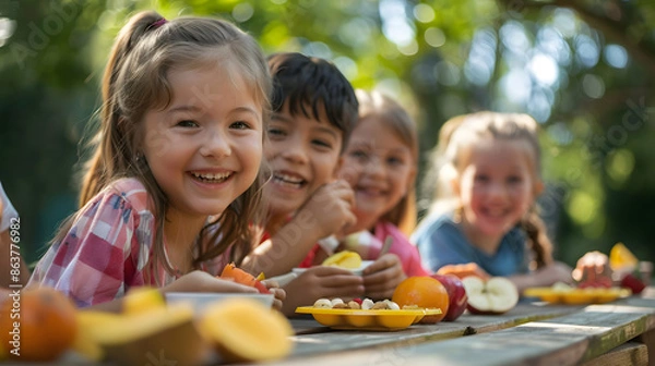 Fototapeta A group of joyful children sitting at a picnic table, enjoying healthy snacks outdoors on a sunny day. Ideal for themes of health, nutrition, childhood, and fun.