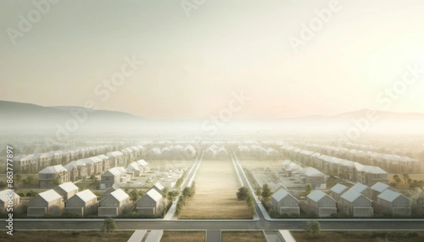 Fototapeta Aerial view of a serene residential neighborhood at sunrise with houses lined symmetrically and fog rolling over the horizon.