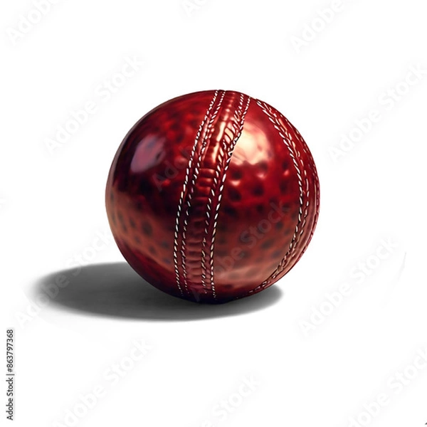 Fototapeta A red cricket ball with prominent seams on a white surface, casting a soft shadow