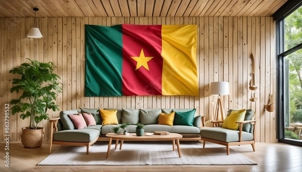 Fototapeta The flag of Cameroon hangs in the living room at home. The flag is in house.