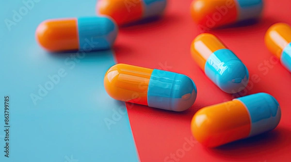 Fototapeta Pills Tablets Capsules Flatlays with Solid Background and Copy Space for Text