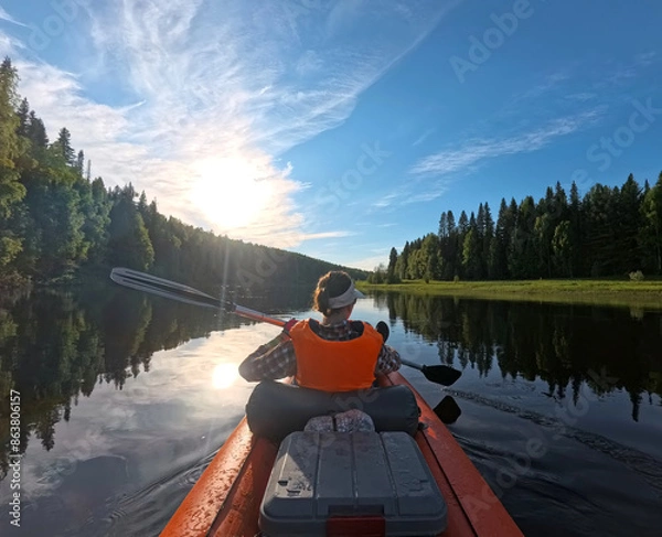 Fototapeta Kayaking Through Forested River in Summer Afternoon. The sun shines brightly in the blue sky, casting reflections on the water. The kayak is orange and the person is wearing an orange life vest