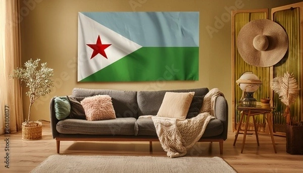 Fototapeta The flag of Djibouti hangs in the living room at home. The flag is in house.