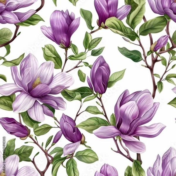 Fototapeta Seamless pattern with blooming magnolia flowers and leaves on white background. Spring floral design for fabric, textile, wallpaper