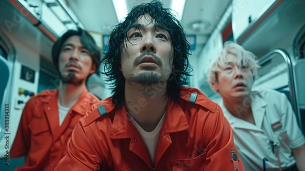 Fototapeta Men In Red Uniforms On Train