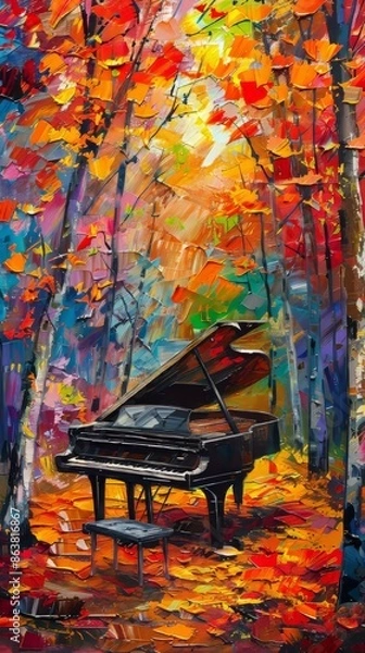 Fototapeta Black piano standing on a carpet of autumn leaves in a forest clearing