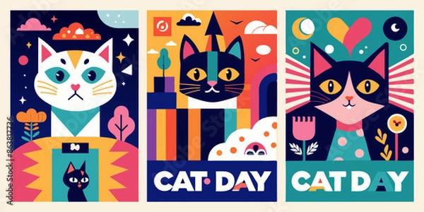 Fototapeta Three posters for cat day with keywords on cat breeds and photography. Create a collection of three posters to celebrate Cat Day, featuring captivating photographs of various small to mediumsized cats