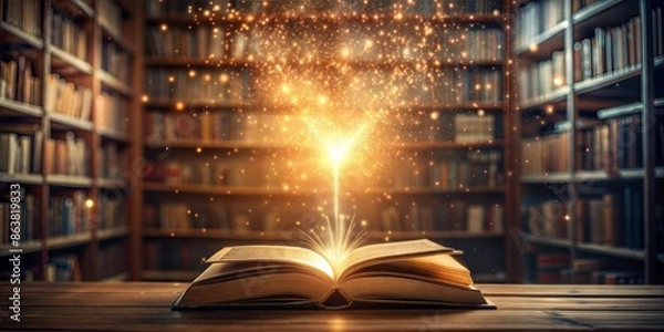 Fototapeta open book with glowing lights on wooden table
