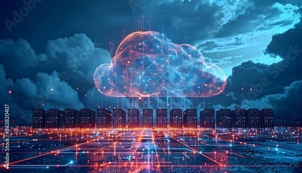Fototapeta A glowing cloud in the night sky with a server farm below, representing cloud computing.